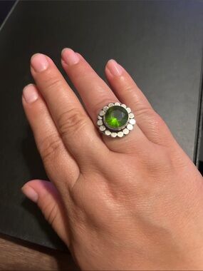 Green peridot gemstone Halo sterling silver Ring